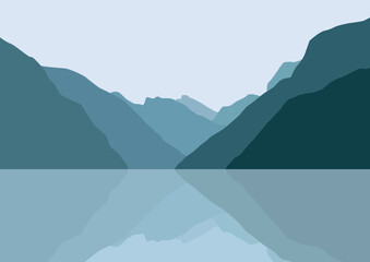 Landscape with lake and mountain. Vector illustration in flat style.