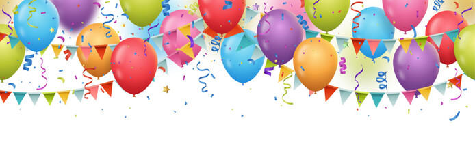 Celebration banner with multicolored balloons and confetti - 673578382
