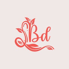 Nature Letter BD logo. Orange vector logo design botanical floral leaf with initial letter logo icon for nature business.
