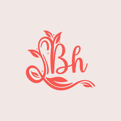 Nature Letter BH logo. Orange vector logo design botanical floral leaf with initial letter logo icon for nature business.