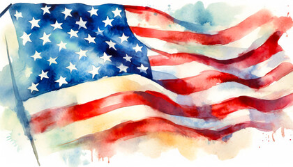 American Flag waving in the wind watercolor design  - obrazy, fototapety, plakaty
