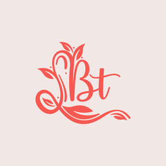 Nature Letter BT logo. Orange vector logo design botanical floral leaf with initial letter logo icon for nature business.