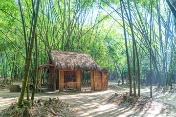 Fototapeta na wymiar Temporary accommodation or hut in the green bamboo forest.