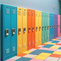 A row of colorful lockers in a school hallway. The lockers are in a variety of colors, including orange, yellow, green, blue, and purple