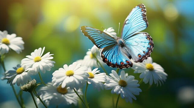 close up High-resolution image of Blue Morpho on white daisy flower. Generative AI.