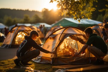 Children learning to set up their own tents as they embark on a camping adventure at summer camp, Generative AI - obrazy, fototapety, plakaty