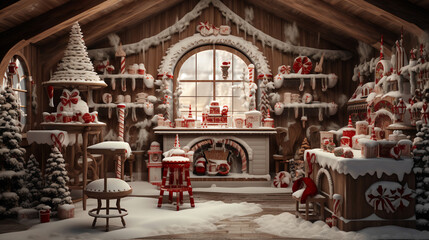 Fototapeta na wymiar Inside Santas Workshop Made of Gingerbread and Candy