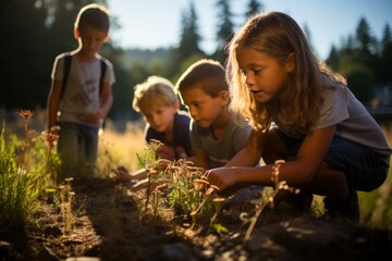 Kids exploring the wonders of nature on a scenic hike at a summer camp, Generative AI