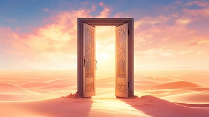 Opened Door on Desert with Sunset Background