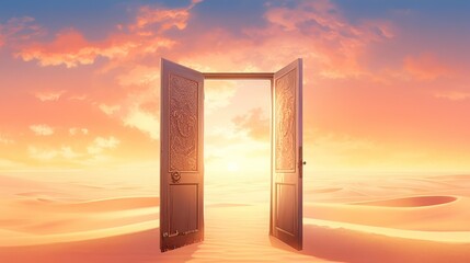 Opened Door on Desert with Sunset Background