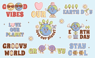Love our Planet, Earth day, Groovy World, Good Vibes, Stay Cool sticker set in trendy groovy style. Funny vector earth character and mascot. Eco friendly conception. Vector