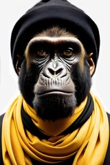 Fototapeta na wymiar AI generated illustration of a chimpanzee in a black hat and a yellow scarf