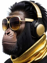 AI generated illustration of a chimpanzee wearing headphones, a gold scarf, and sunglasses
