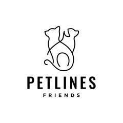 cat with dog friend line style modern minimal clean flat mascot character simple cartoon logo design vector icon illustration