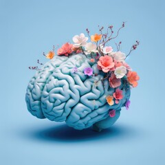 A surreal image of a brain with flowers and branches growing out of it. The brain is a pale blue color and is shown in profile 