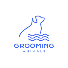 dog with water grooming cleaning treatment care line style simple minimal mascot character logo design vector icon illustration