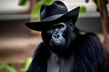 AI generated illustration of a gorilla wearing a western style hat - obrazy, fototapety, plakaty