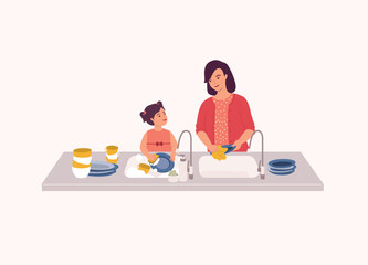 Happy Little Girl At Kitchen Sink Helping Her Mother To Wash The Dishes. Half Length.