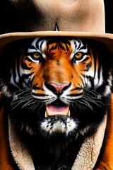 AI generated illustration of a Bengal Tiger wearing a hat standing upright with its mouth wide open