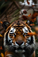 AI generated illustration of a majestic Bengal tiger in an autumnal forest