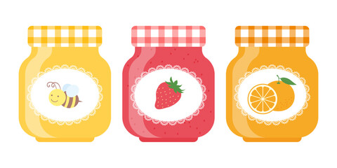 vector illustration of a set of honey, strawberry jam and marmalade in glass jars for banners, cards, flyers, social media wallpapers, etc.