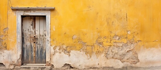 In France there is a dilapidated house with a weathered and broken yellow painted wooden door The door has side windows and old wooden shutters adding to its worn out appearance Additionally