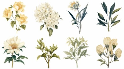 Vintage artwork and retro graphic design set of botanical illustrations of flowers or floral plants - obrazy, fototapety, plakaty