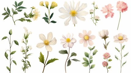 Fototapeta na wymiar Vintage artwork and retro graphic design set of botanical illustrations of flowers or floral plants