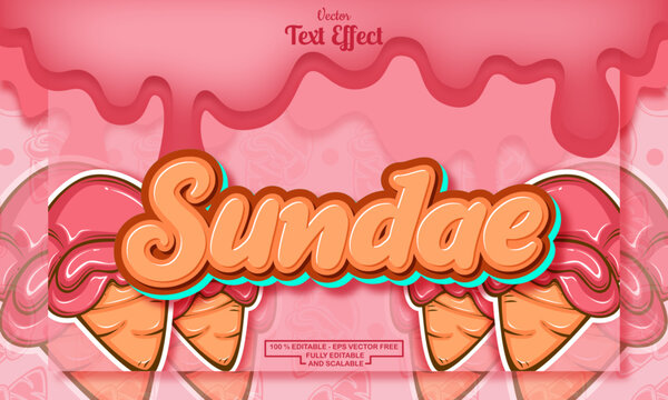 Editable sundae text effect on pink ice cream hand drawn background