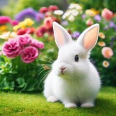 A white rabbit in a garden.