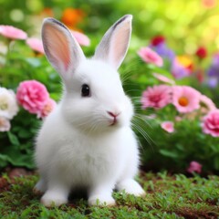 Fototapeta premium A white rabbit in a garden