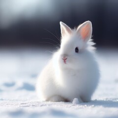 A white rabbit in a snowy field with a specific