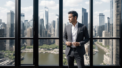 Fototapeta premium A businessman standing next to a window