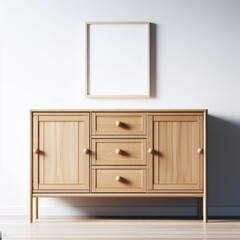 A wooden sideboard with a white wall in the background. The sideboard is made of light wood and has three sections. The left section has two drawers with round wooden handles