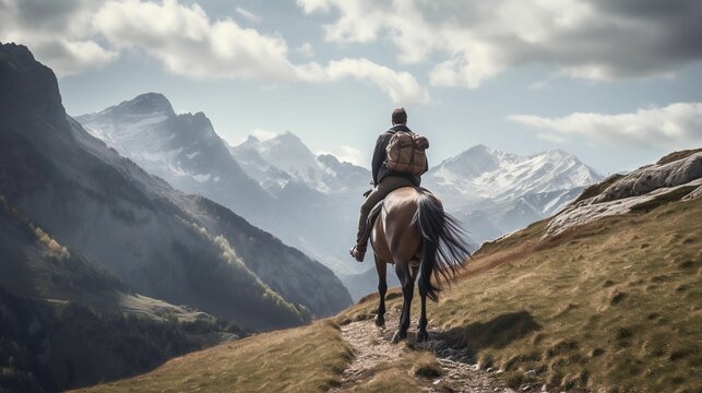AI generated illustration of a man riding a horse up a steep against a backdrop of hills
