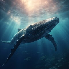 the humpback is underwater as the sun shines