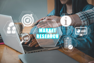 Market research concept, Business team using laptop coputer on office desk with market research icon on virtual screen, Business financial, stock market.