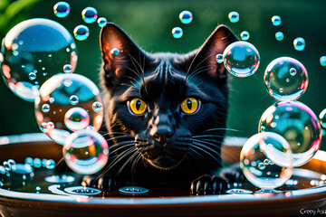 bathing black cat, creative AI