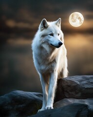 Obraz premium AI generated illustration of a white wolf on rocks under the moonlight
