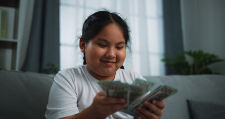 Portrait of young Asian woman enjoy counting cash dollars banknotes on sofa in the living room at home.