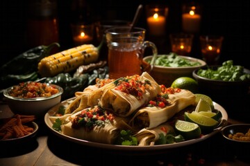 Festive table filled with tamales, a traditional Mexican dish, Generative AI