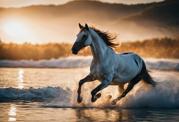 Majestic horse galloping through a shallow body of water at sunset, AI-generated.