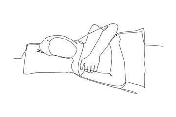 One continuous line drawing of Happy people lying with pillows. Deep dream and bedtime concept. Doodle vector illustration in simple linear style.