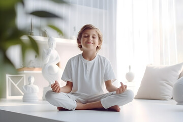 Calm child sitting in living room yoga meditation in lotus position, relax and comfortable at home
