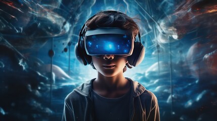 3D illustration of a kid wearing Virtual Reality googles, blue background. - obrazy, fototapety, plakaty
