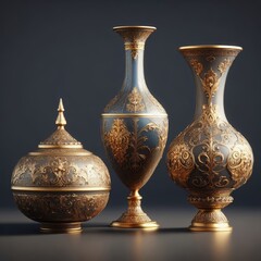 Three ornate vases on a grey background. The vase on the left is a round, gold-colored vase with a pointed lid and a handle