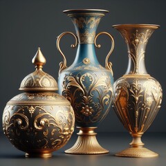 Three ornate vases on a grey background. The vase on the left is a round, gold-colored vase with a pointed lid and a handle