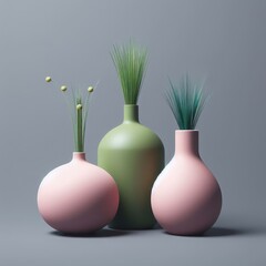 Three vases on a grey background. The vases are arranged in a triangular formation