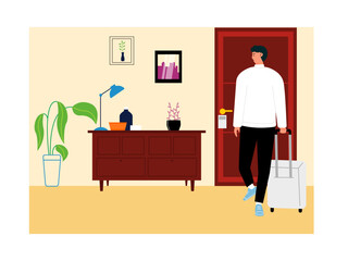 Man comes home on holiday. Trip and vacation illustration.