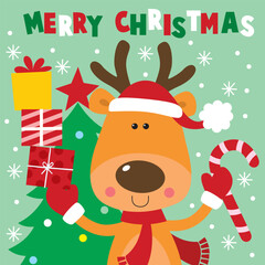 Happiness Reindeer with Christmas tree and candy cane